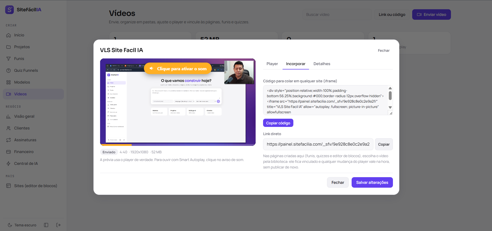 Aba Incorporar com o código iframe para colar em qualquer site e o link direto do vídeo
