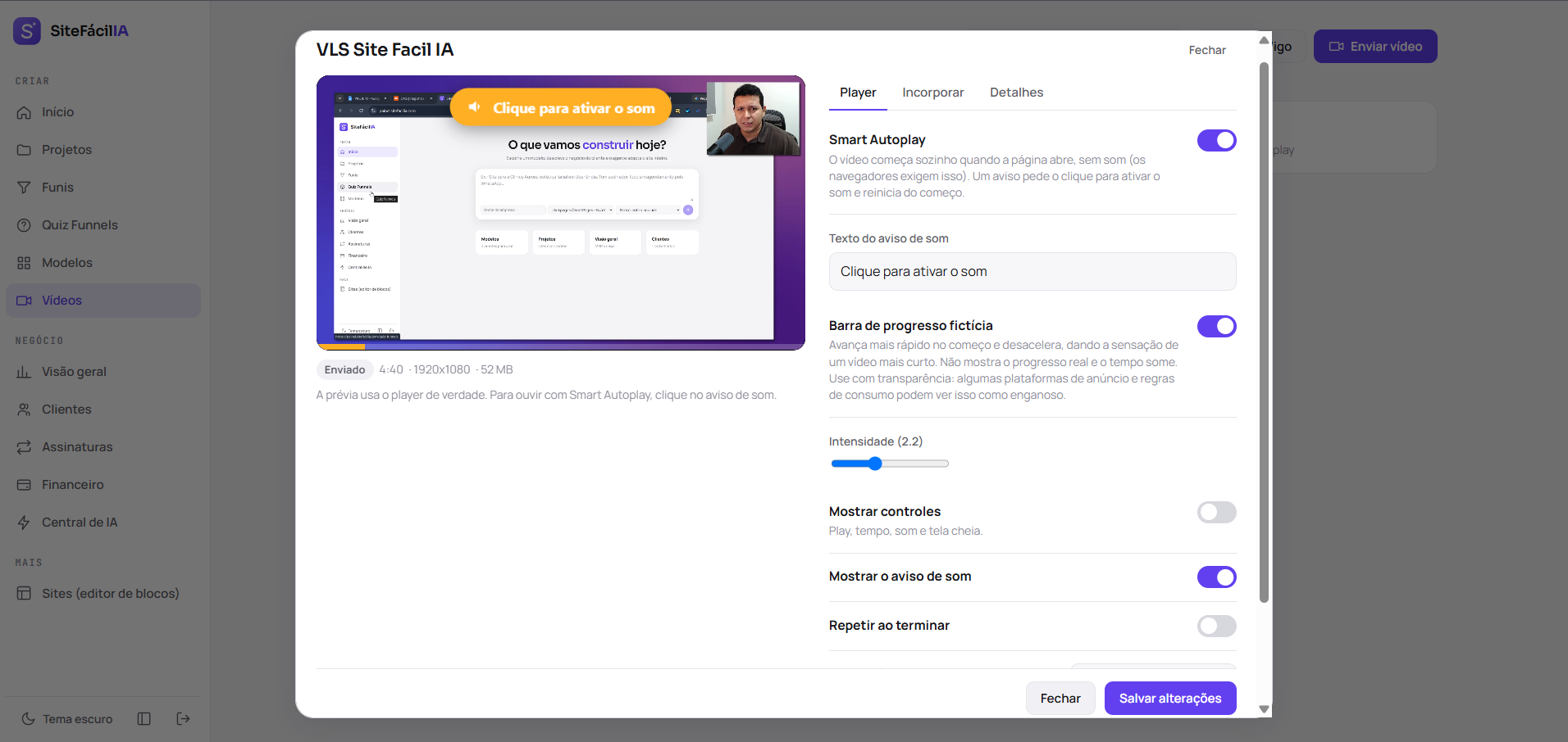 Configuração do player: Smart Autoplay, texto do aviso de som, barra de progresso, controles e repetir ao terminar
